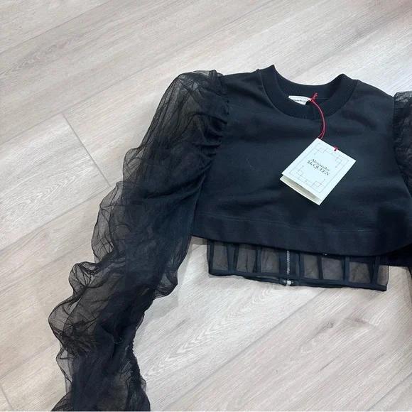 NWT ALEXANDER McQueen organic sweatshirt top tulle corset crop mesh black 40 - Picture 4 of 11